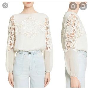 Alice and Olivia Jenelle Long-Sleeve Lace-Trim Plisse Blouse Color: Cream